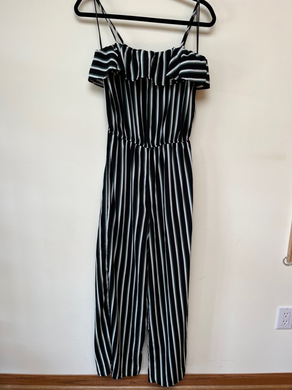 Ambiance Black, Green & White Stripe Off-Shoulder Jumpsuit